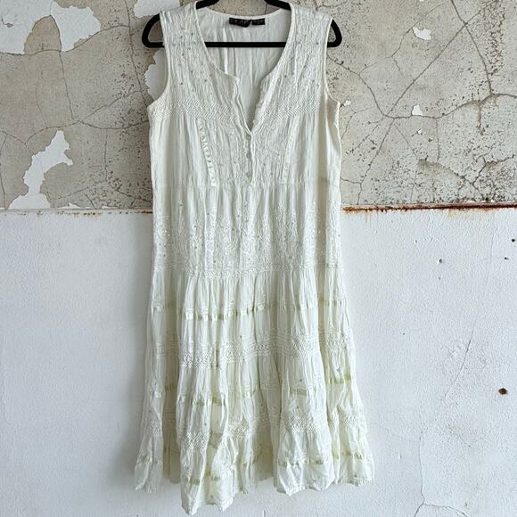 Vtg Boho Midi Dress Embroidered Tiered Crinkle Cotton Gauze Corset Cottagecore L - Picture 2 of 8